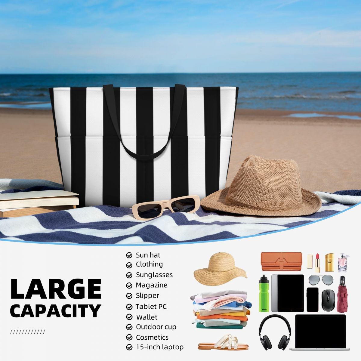 Black White Stripe Beach Tote  - đánh giá và giá Yoga Fitness Tote